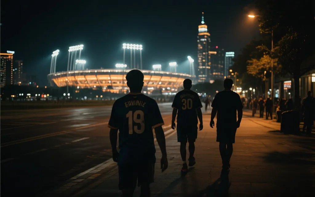球迷在城市地标附近夜晚步行，远处体育场灯光，旅行与赛事交织的氛围